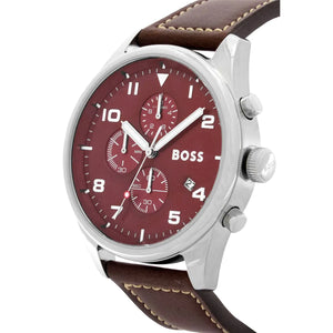 Left angled view of Hugo Boss View 1513988 showing red dial detail and brown leather strap water resistant 50m