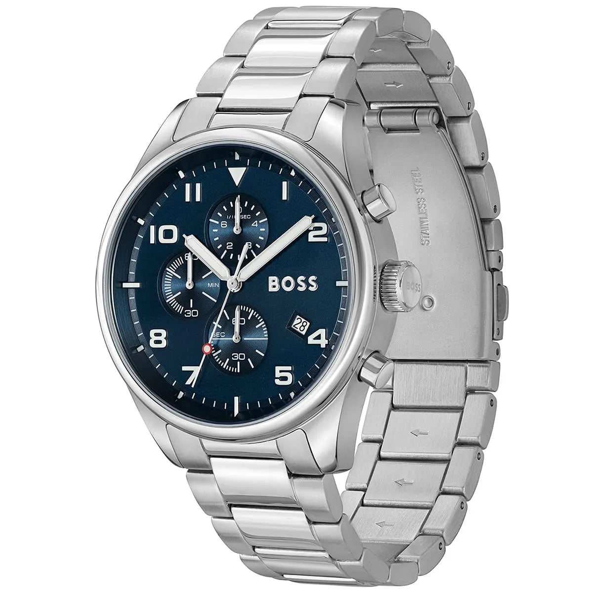 Right angled view of Hugo Boss View 1513989 highlighting blue dial and silver case 50m water resistance