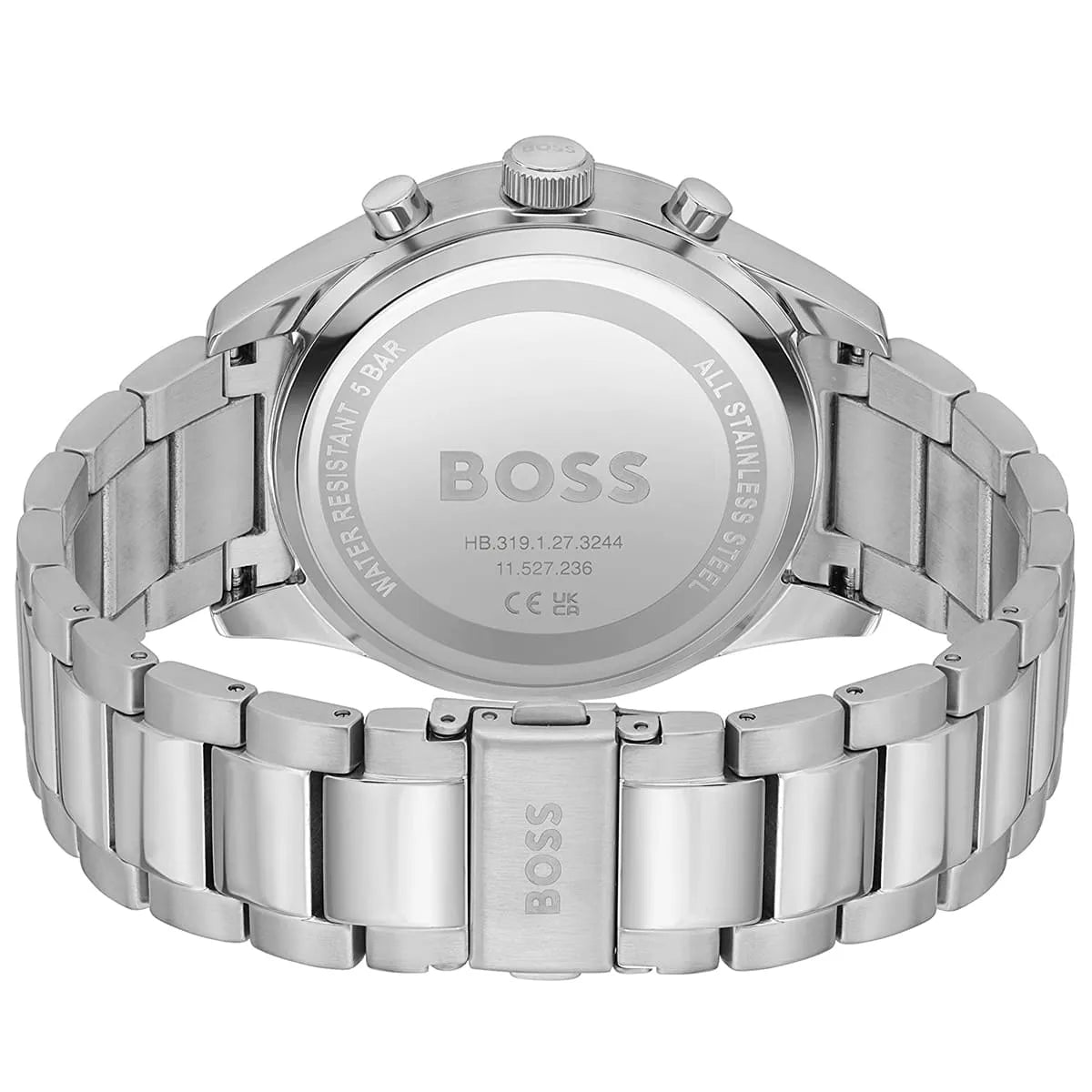 Caseback of Hugo Boss View 1513989 showing technical specs blue dial and silver metal strap 50m water resistance