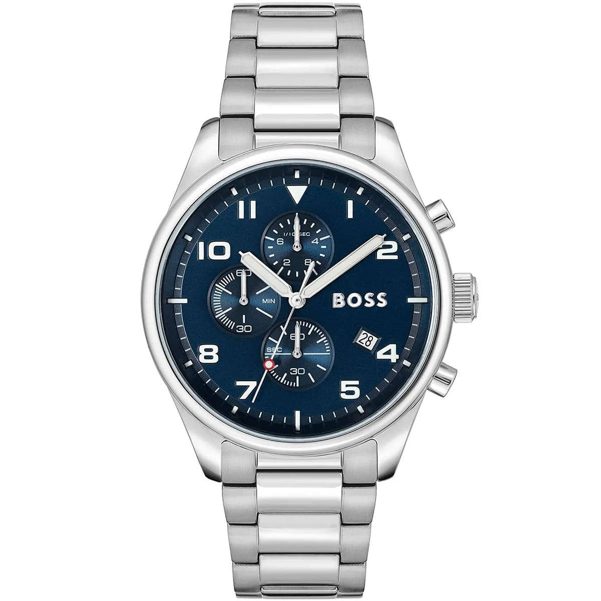 Hugo Boss View 1513989 men's watch with blue sunray dial, silver metal link strap, and 50m water resistance main view
