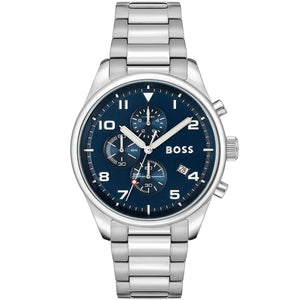 Hugo Boss View 1513989 men's watch with blue sunray dial, silver metal link strap, and 50m water resistance main view