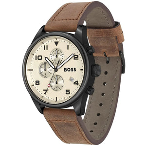 Right angled view of Hugo Boss View 1513990 highlighting beige dial and black case 50m water resistance