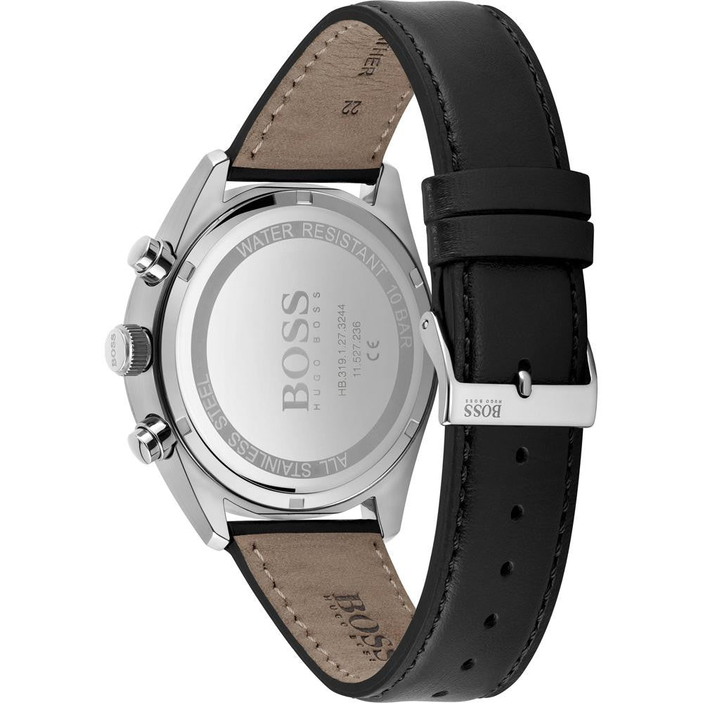 Caseback of Hugo Boss View 1513990 showing technical specs beige dial and leather strap 50m water resistance