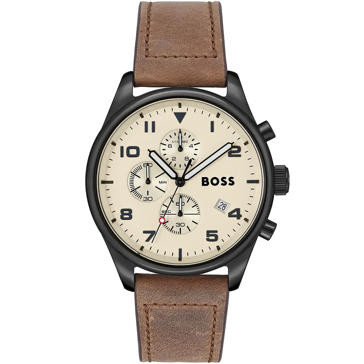 Hugo Boss View 1513990 men's watch with beige sunray dial, black ion-plated case, brown leather strap, and 50m water resistance main view