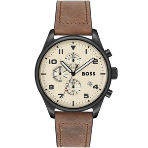 Hugo Boss View 1513990 men's watch with beige sunray dial, black ion-plated case, brown leather strap, and 50m water resistance main view