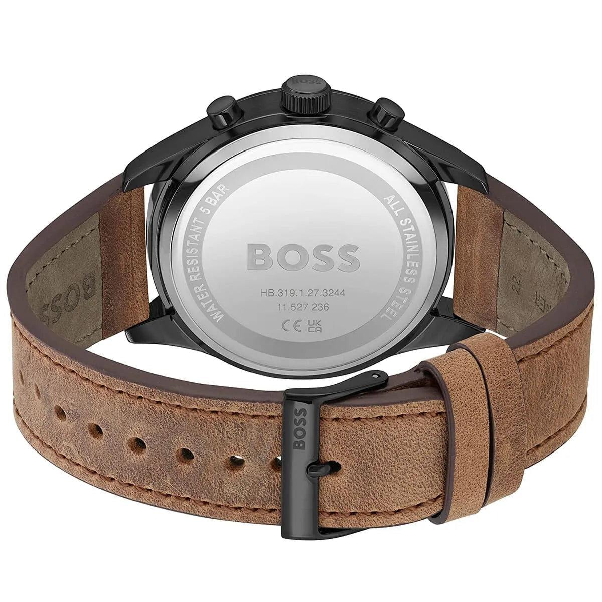 Caseback of Hugo Boss View 1513990 showing technical specs beige dial and leather strap 50m water resistance