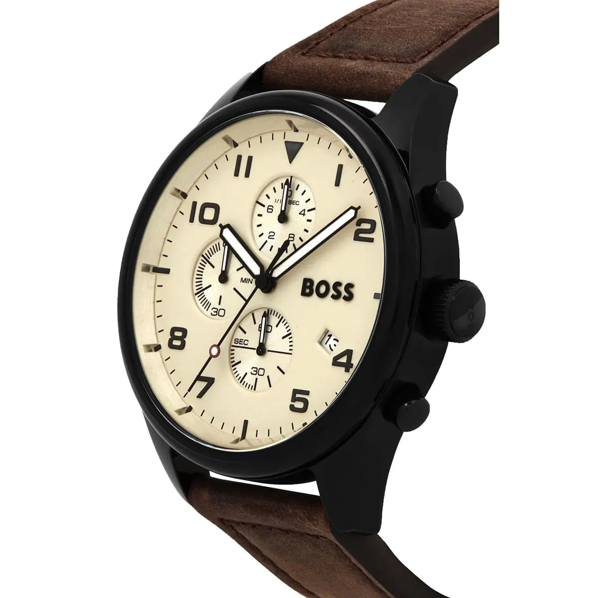 Left angled view of Hugo Boss View 1513990 showing beige sunray dial detail and leather strap water resistant 50m