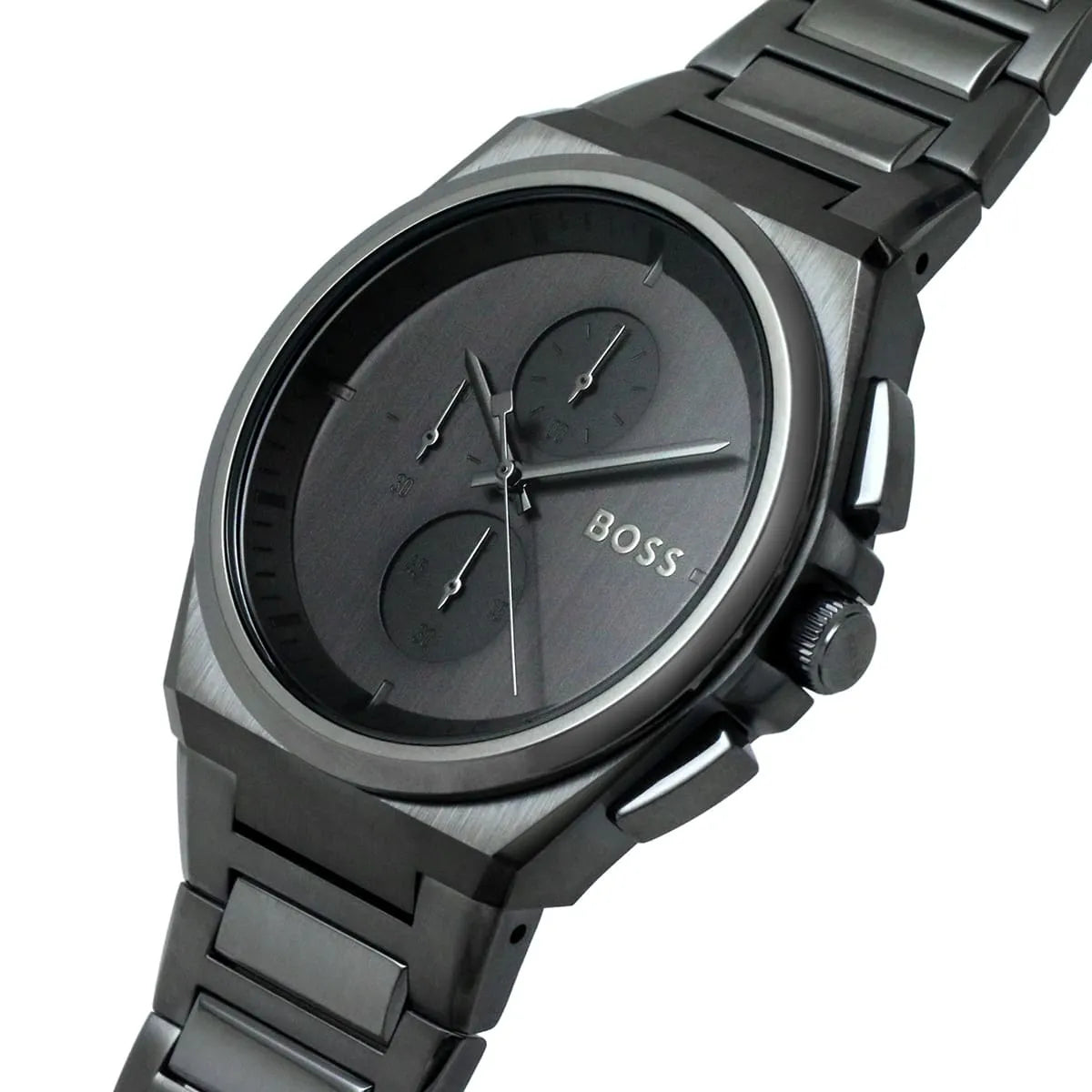 Right angled view of Hugo Boss Steer 1513996 highlighting gray dial and gray ion-plated case 50m water resistance