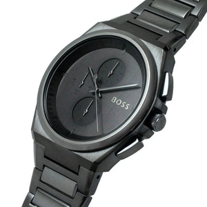Right angled view of Hugo Boss Steer 1513996 highlighting gray dial and gray ion-plated case 50m water resistance