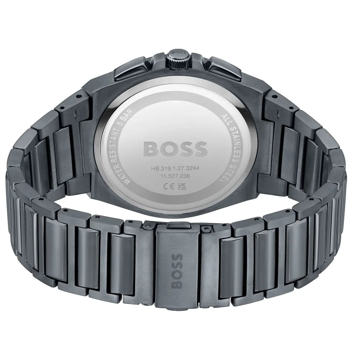 Caseback of Hugo Boss Steer 1513996 showing technical specs gray dial and gray metal strap 50m water resistant