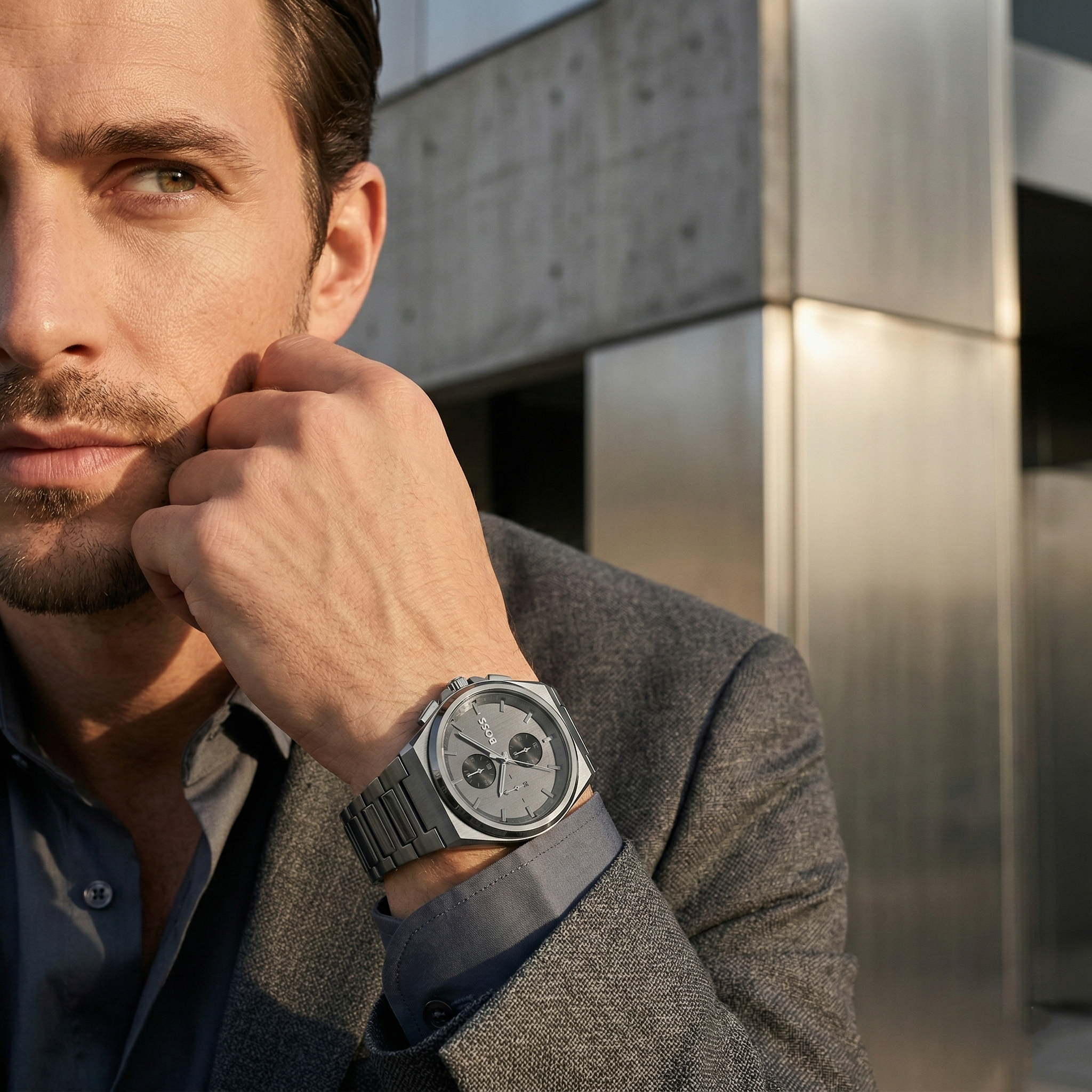 Professional man wearing Hugo Boss Steer 1513996 with all-gray metal strap watch water resistant 50m