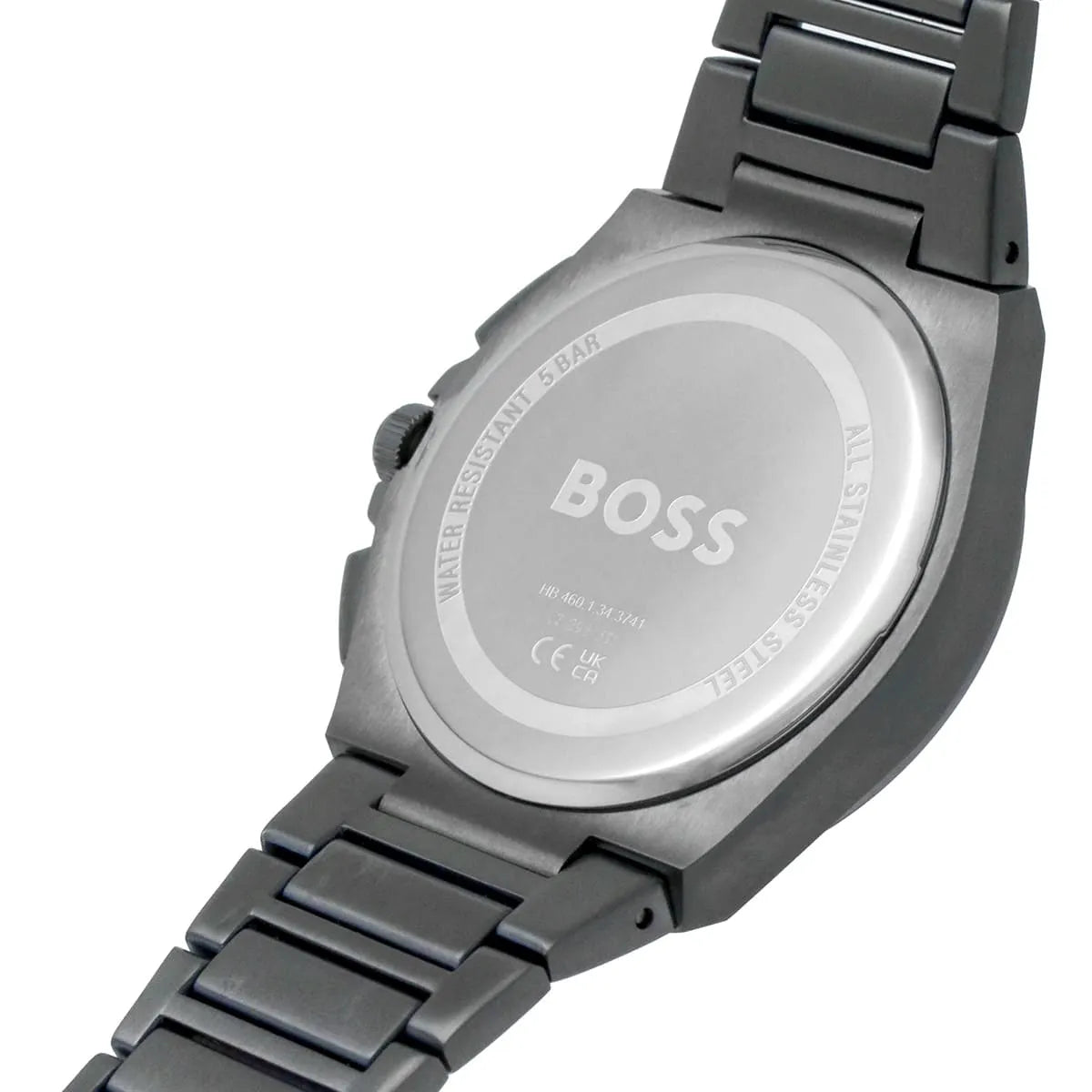 Caseback of Hugo Boss Steer 1513996 showing technical specs gray dial and gray metal strap 50m water resistant
