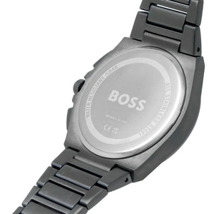 Caseback of Hugo Boss Steer 1513996 showing technical specs gray dial and gray metal strap 50m water resistant