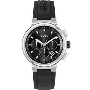 Hugo Boss One 1513997 men's chronograph watch with silver stainless steel case and black silicone strap