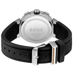 Silver stainless steel buckle clasp with Boss logo on the black silicone strap of the 1513997