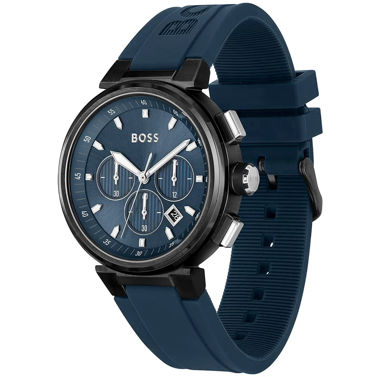 Right angled view of Hugo Boss Runner 1513998 highlighting blue dial and black ion-plated case 50m water resistance