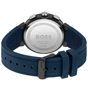 Caseback of Hugo Boss Runner 1513998 showing technical specs blue dial and blue rubber strap 50m water resistant