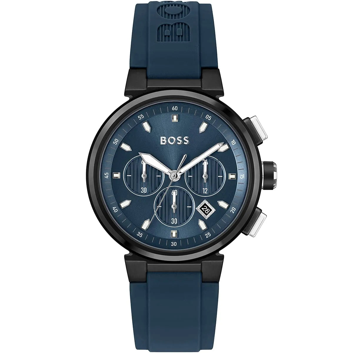Hugo Boss Runner 1513998 men's watch with blue dial, blue rubber strap, and 50m water resistance main view