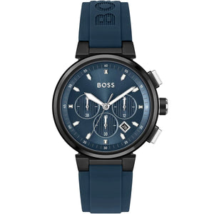 Hugo Boss Runner 1513998 men's watch with blue dial, blue rubber strap, and 50m water resistance main view