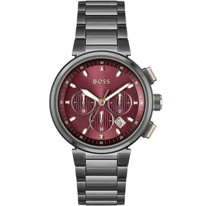 Authentic real-life photo of Boss One 1514000 showing the gunmetal gray bracelet and deep burgundy red chronograph dial from Luxury Hub Store