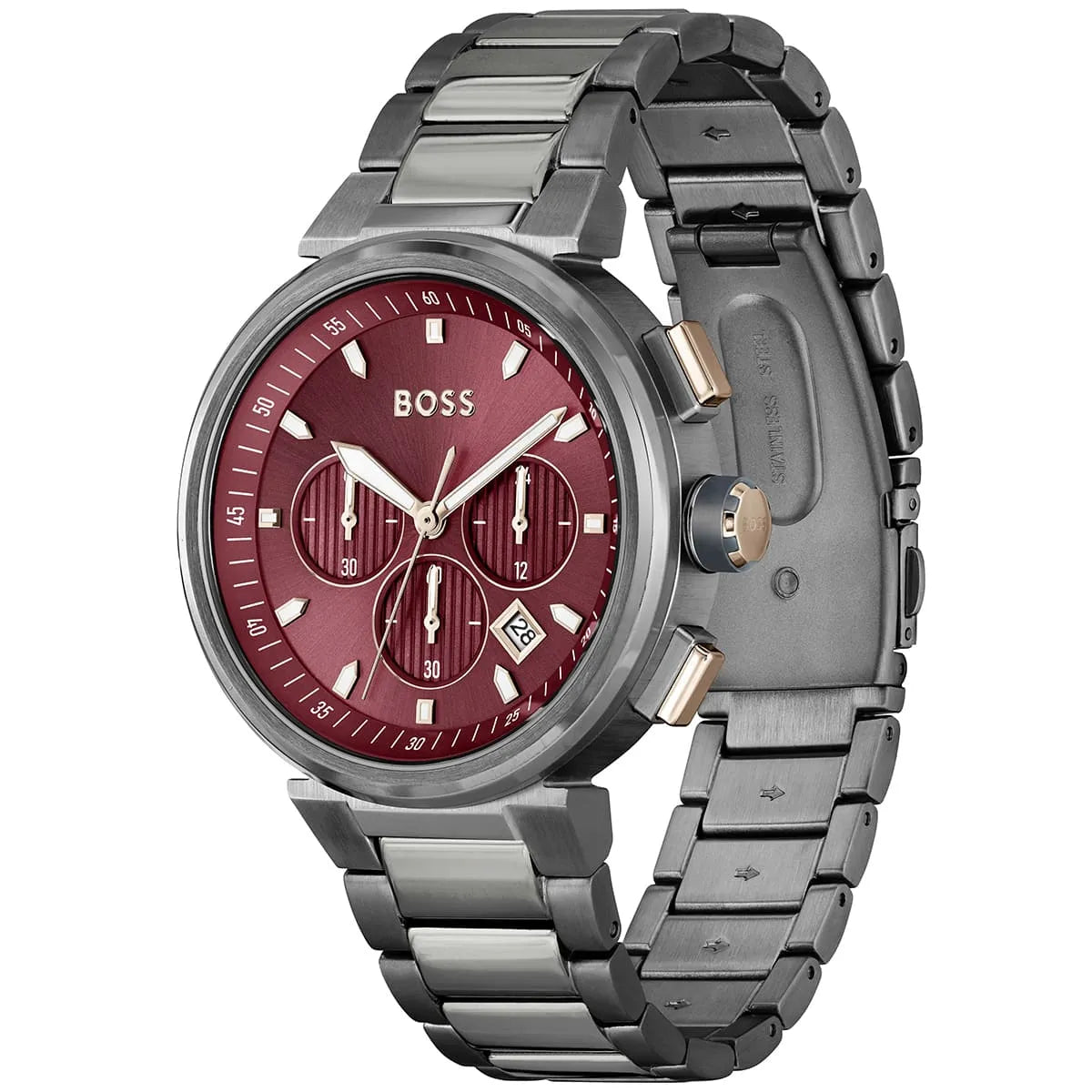 Angled real-life photo of Boss One 1514000 showing the gunmetal bezel, crown, and pushers from Luxury Hub Store