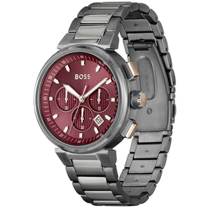 Angled real-life photo of Boss One 1514000 showing the gunmetal bezel, crown, and pushers from Luxury Hub Store