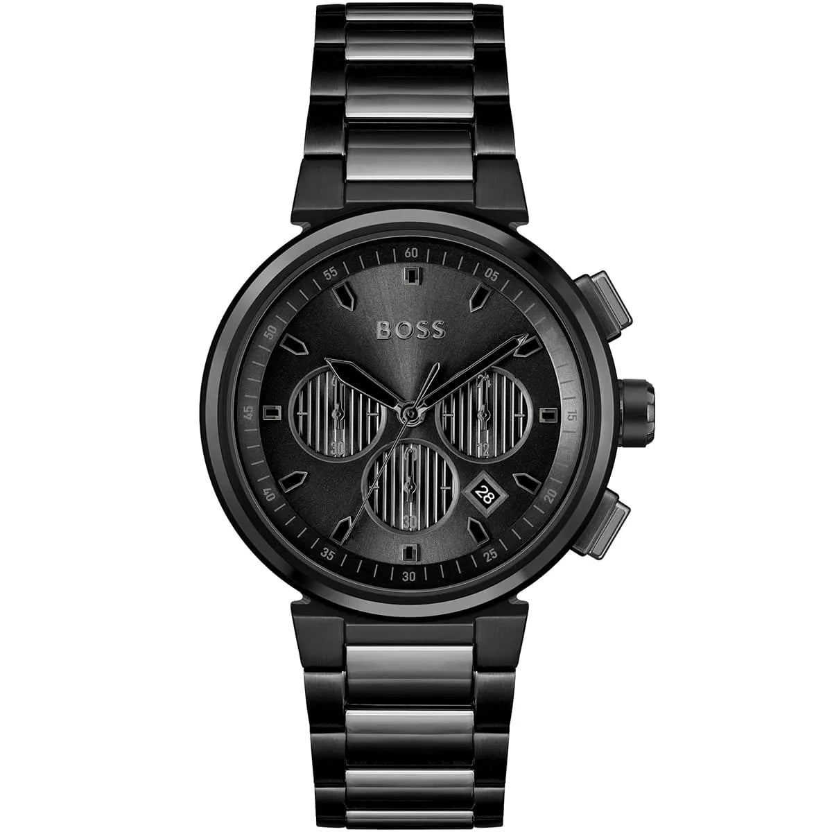 Front view of Hugo Boss One 1514001 men's watch with black dial and black stainless steel bracelet.