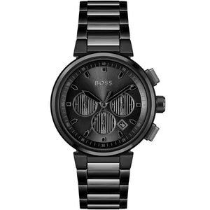 Front view of Hugo Boss One 1514001 men's watch with black dial and black stainless steel bracelet.