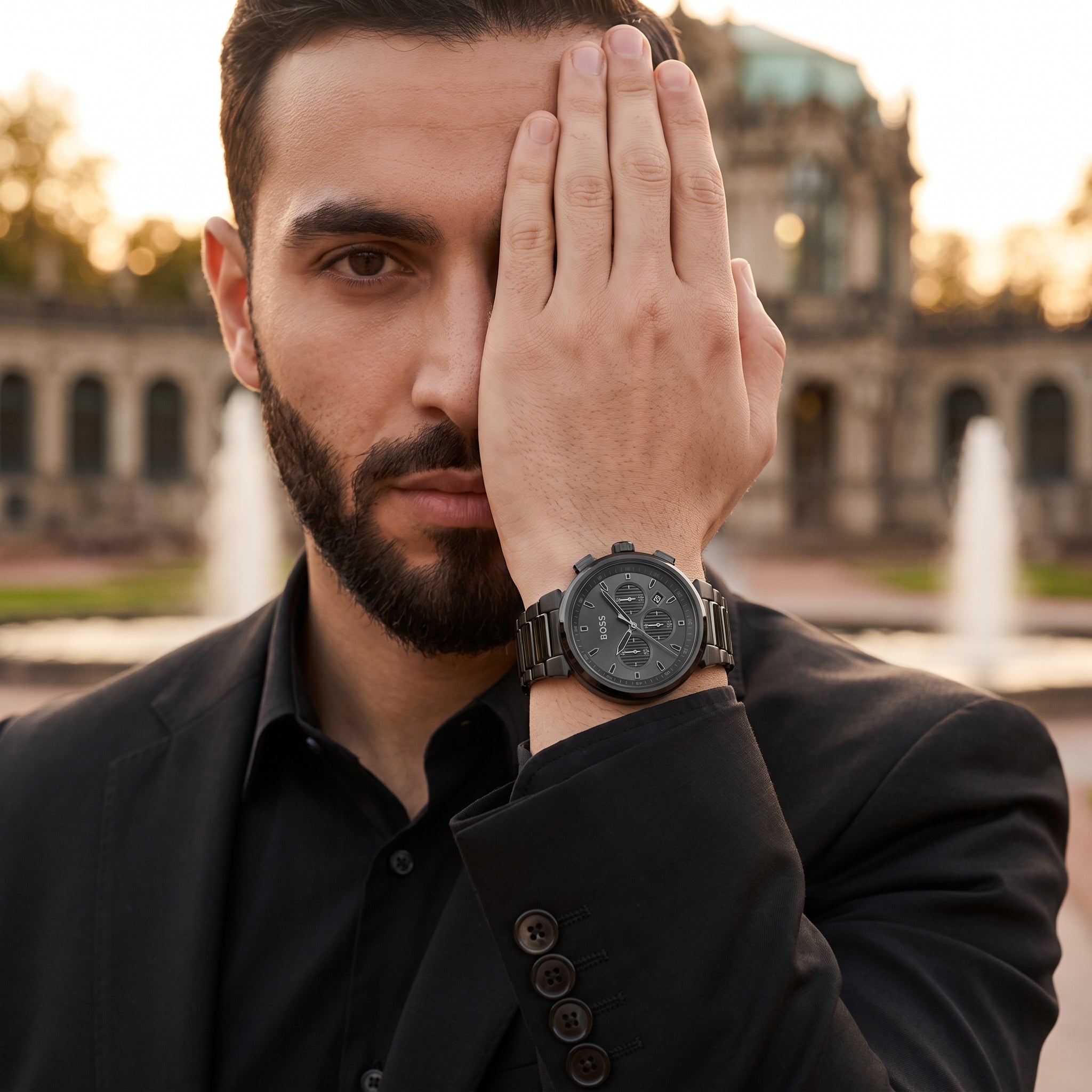 Lifestyle luxury shot featuring Hugo Boss One 1514001 men's watch.