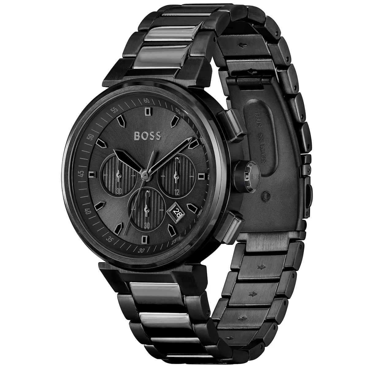 Black watch with metal strap on a white background