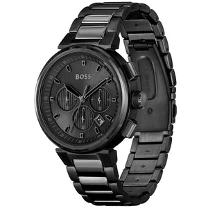 Black watch with metal strap on a white background