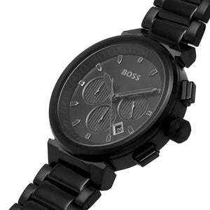 Black watch with 'BOSS' branding on a white background