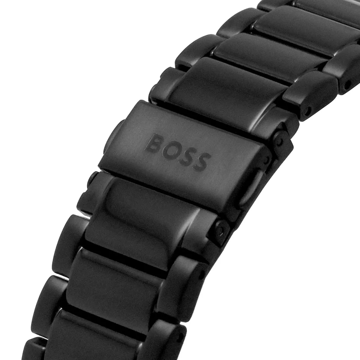 Close-up of a black watch strap with 'BOSS' branding on a white background