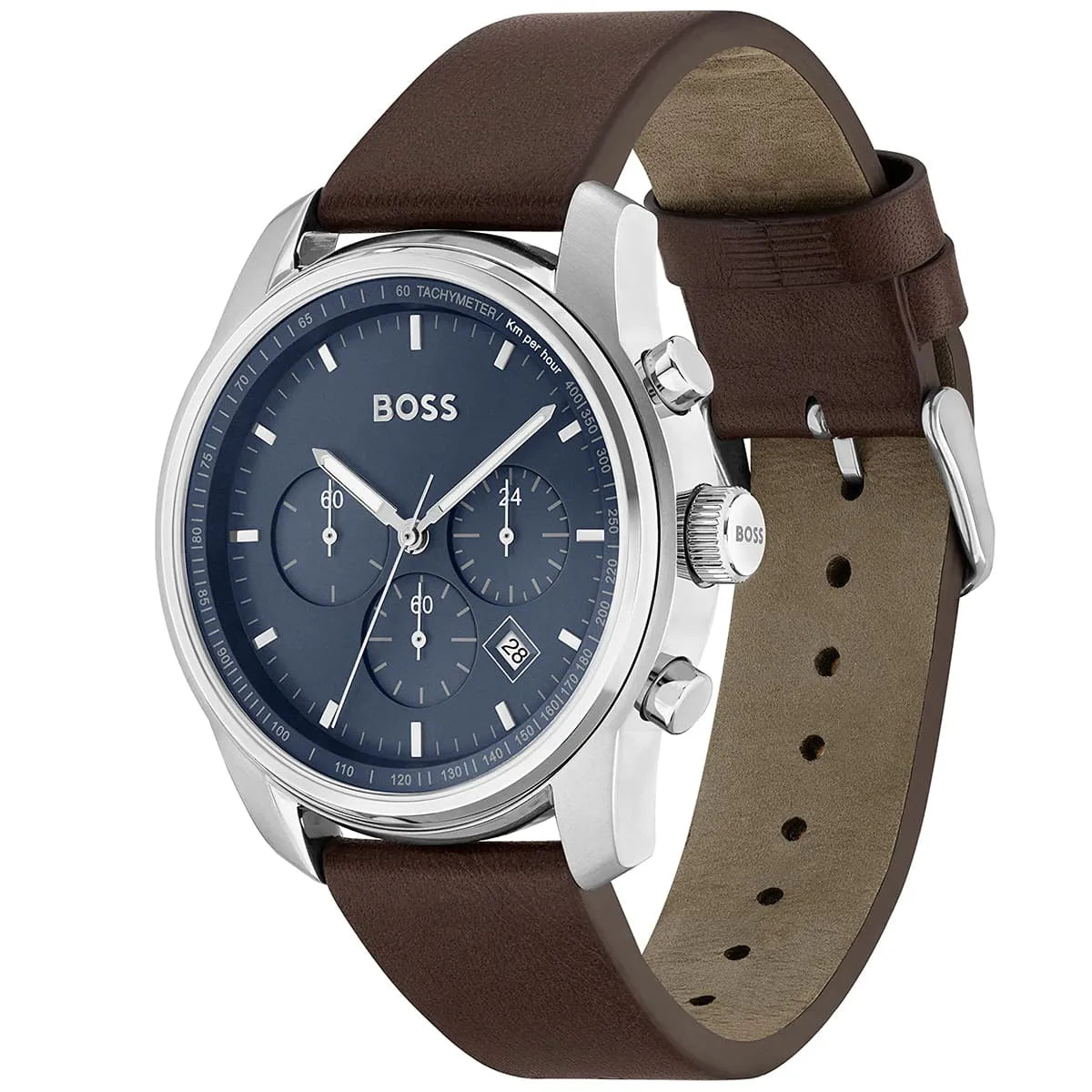 Right angled view of Hugo Boss Trace 1514002 highlighting blue dial and silver case 50m water resistance