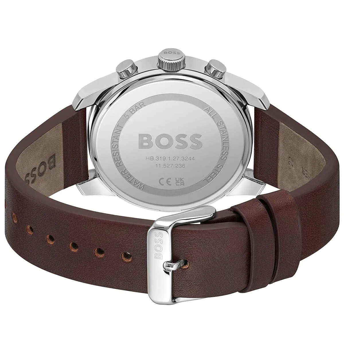 Caseback of Hugo Boss Trace 1514002 showing technical specs blue dial and leather strap 50m water resistance
