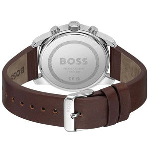 Caseback of Hugo Boss Trace 1514002 showing technical specs blue dial and leather strap 50m water resistance