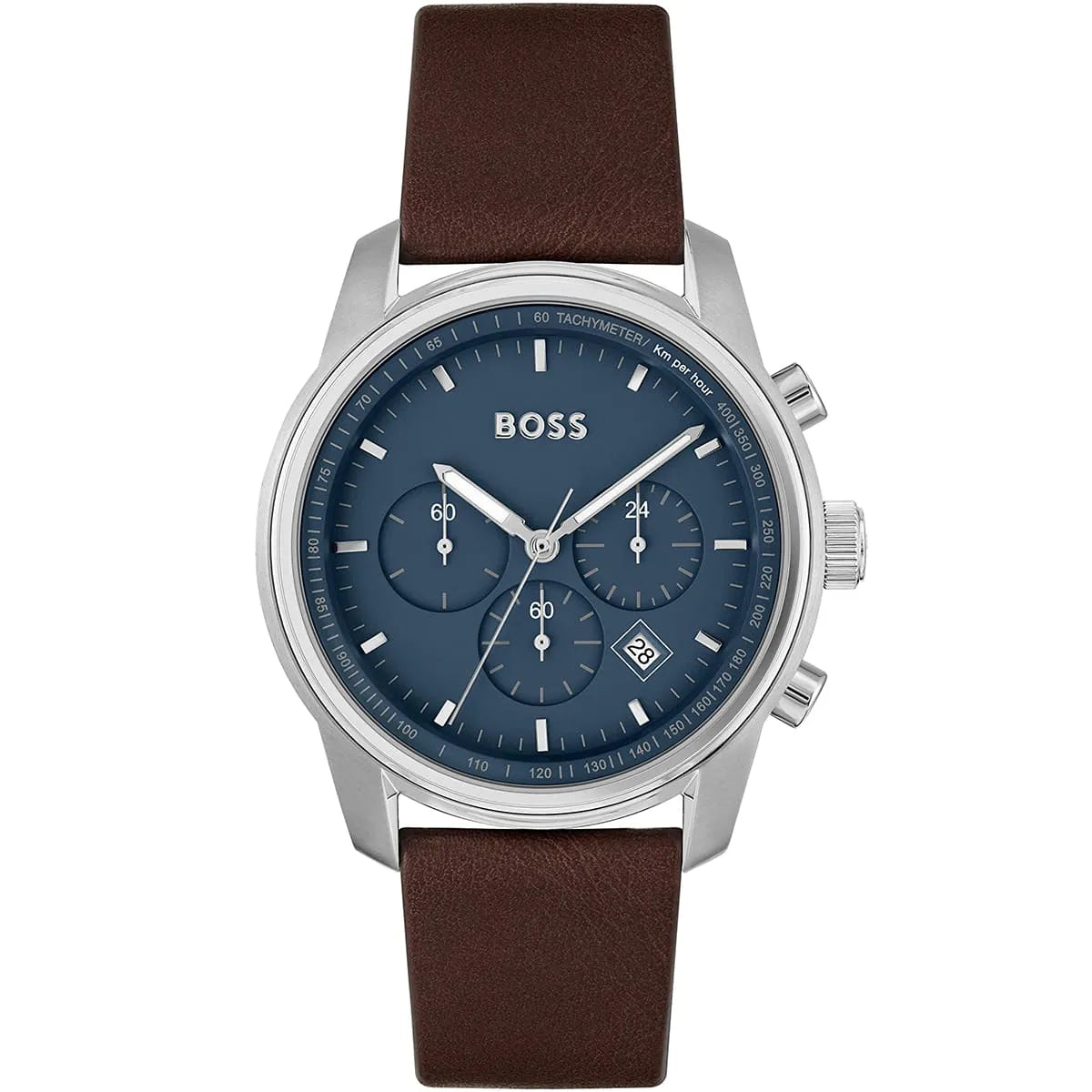 Hugo Boss Trace 1514002 men's watch with blue dial, silver stainless steel case, brown leather strap, and 50m water resistance main view