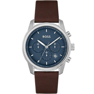 Hugo Boss Trace 1514002 men's watch with blue dial, silver stainless steel case, brown leather strap, and 50m water resistance main view