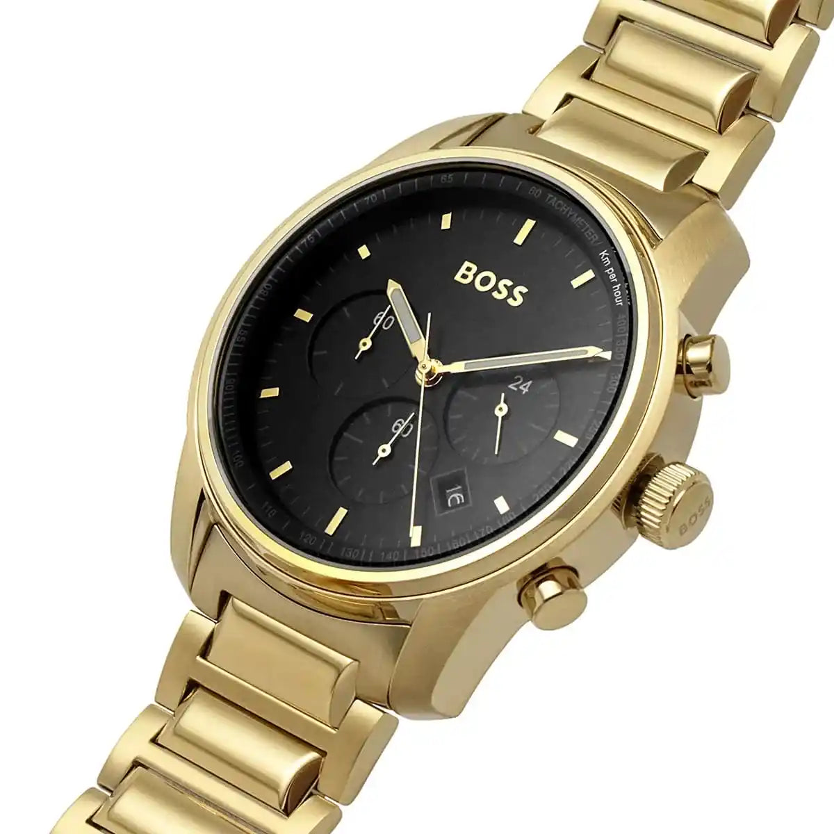 Side profile view of the 11.5mm thick gold stainless steel case of the Hugo Boss Trace