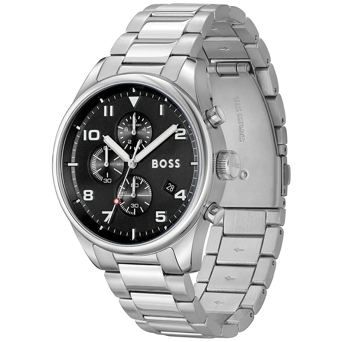 Right angled view of Hugo Boss View 1514008 highlighting black dial and silver case 50m water resistance