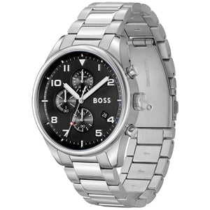 Right angled view of Hugo Boss View 1514008 highlighting black dial and silver case 50m water resistance