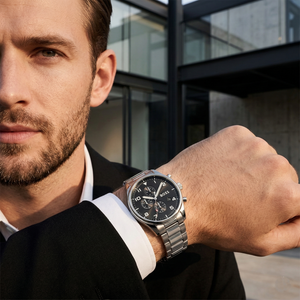 Professional man wearing Hugo Boss View 1514008 with black dial and silver metal link strap water resistant 50m