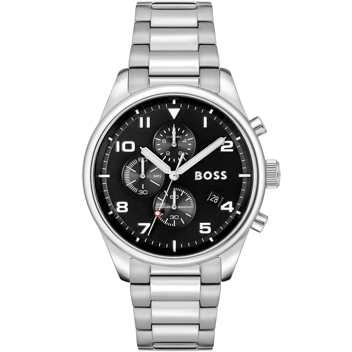 Hugo Boss View 1514008 men's watch with black sunray dial, silver metal link strap, and 50m water resistance main view