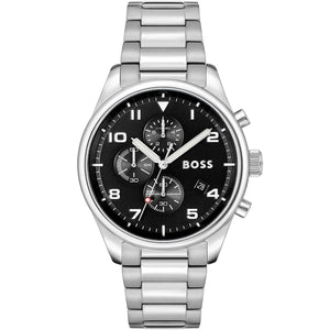 Hugo Boss View 1514008 men's watch with black sunray dial, silver metal link strap, and 50m water resistance main view