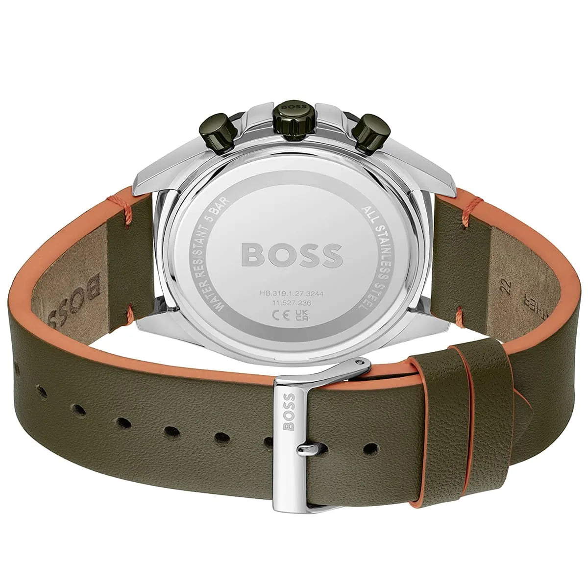 Caseback of Hugo Boss Cloud 1514018 showing technical specs green dial and leather strap 50m water resistance