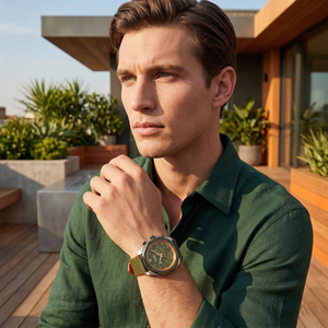 Professional man wearing Hugo Boss Cloud 1514018 with green dial and green leather strap water resistant 50m