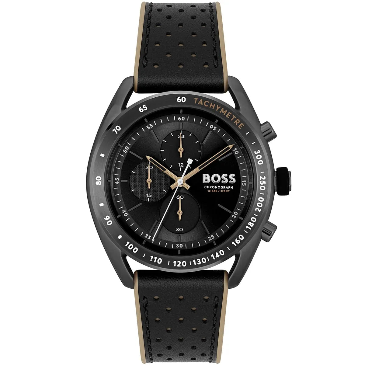 Hugo Boss Centre Court 1514022 men's watch with black dial, gold-tone accents, gunmetal matte case, black perforated rubber strap, and 100m water resistance main view