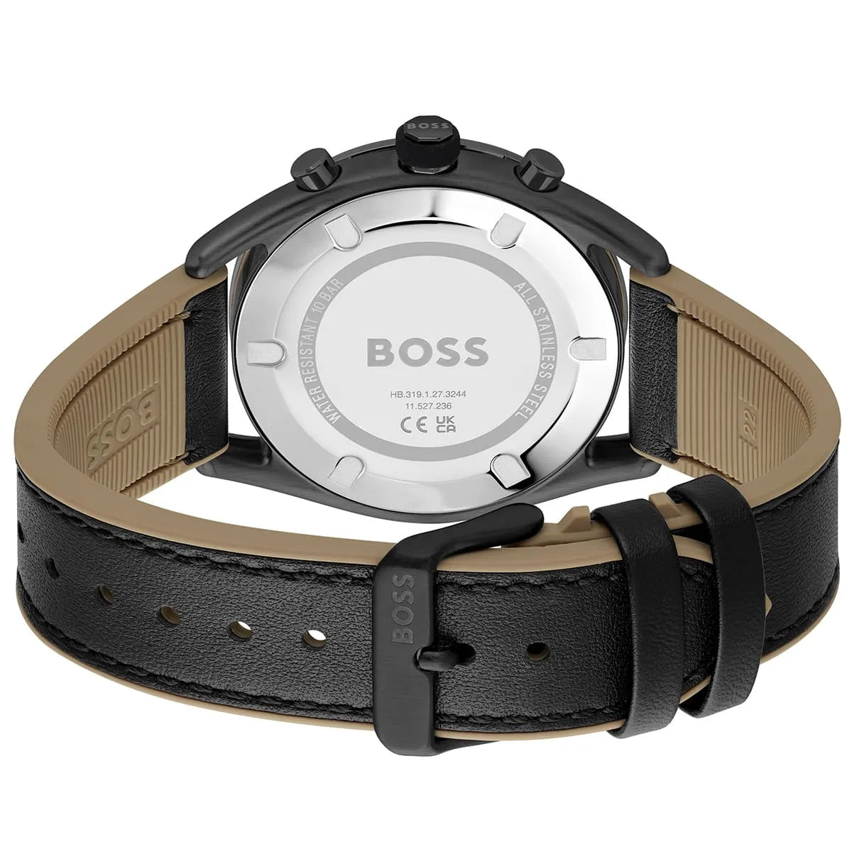 Caseback of Hugo Boss Centre Court 1514022 showing technical specs (10 BAR / 328FT) and rubber strap details