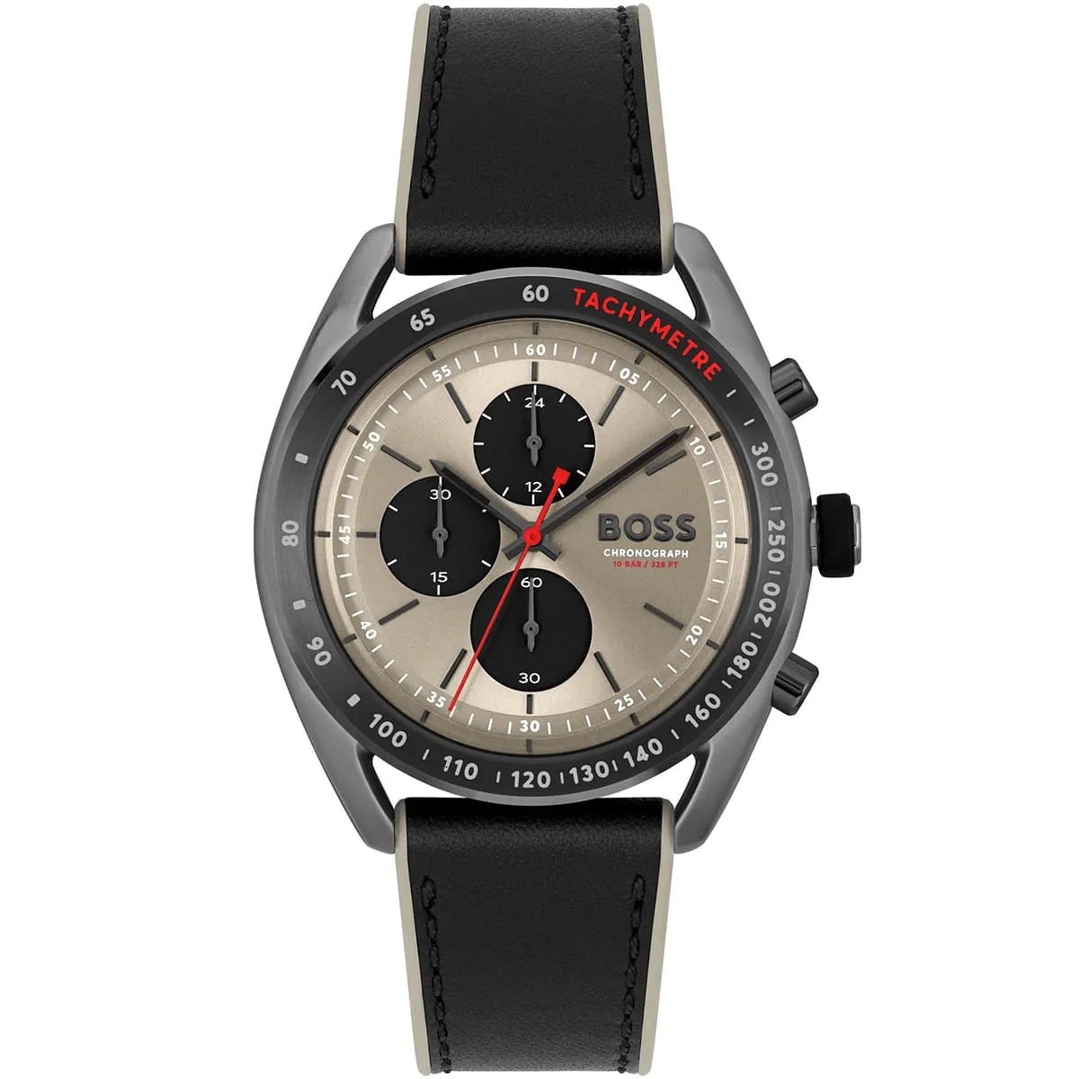 Hugo Boss Centre Court 1514024 men's watch with champagne sunray dial, black sub-dials, gunmetal matte case, and black rubber strap with beige edges main view