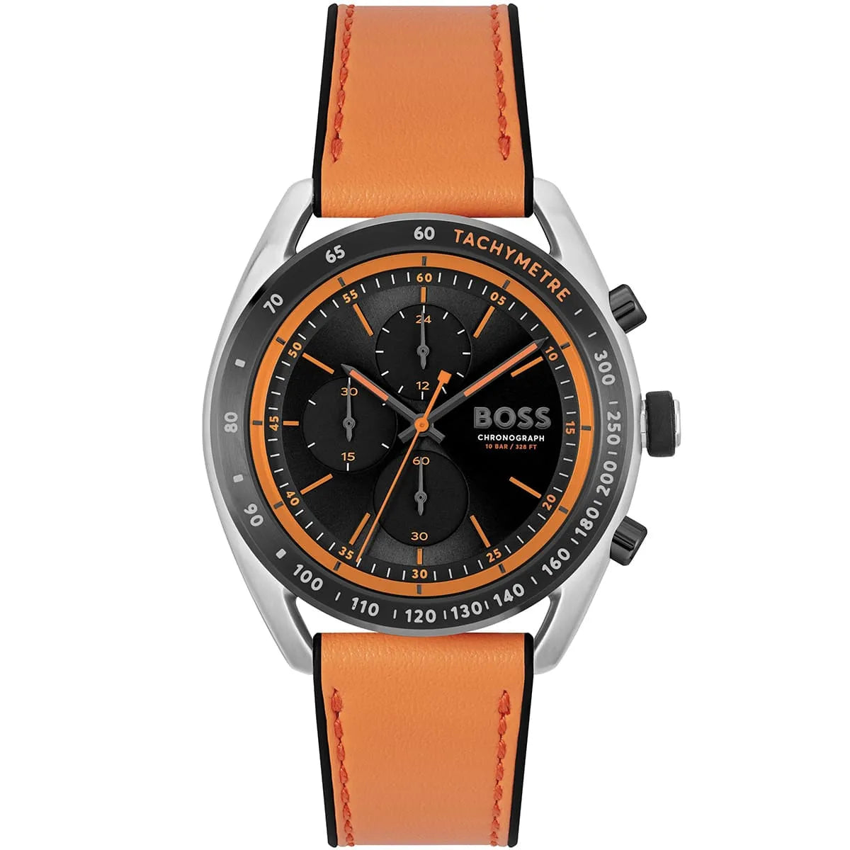 Hugo Boss Centre Court 1514025 men's watch with black dial, orange accents, orange rubber strap, and 50m water resistance main view